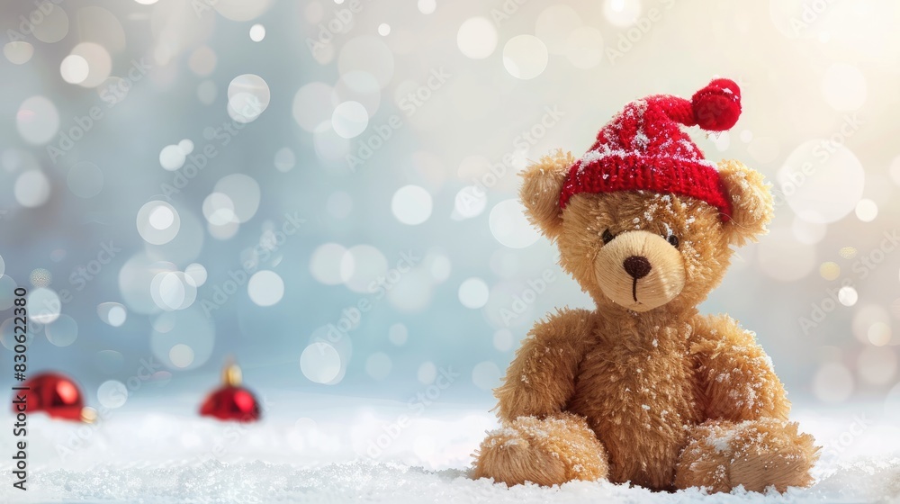 Festive teddy bear wearing a red hat on a Christmas card backdrop with space for a message Festive teddy bear wearing a red hat on a Christmas card backdrop with space for a message