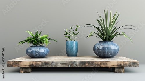  Three potted plants in blue pots placed on a wooden platform. The plants are of varying heights and are situated at different angles. The pots have a textured surface that contrasts with the smooth.