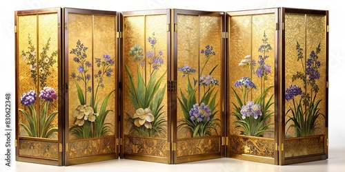 Decorative golden folding screen adorned with intricate iris and hydrangea motifs photo