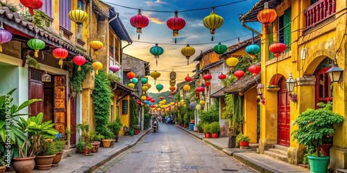 Hoi An, Vietnam street with colorful lanterns and traditional architecture photo