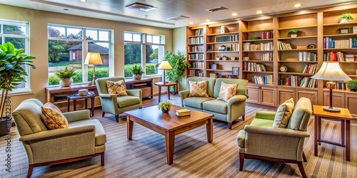 Nursing home lounge with cozy armchairs and bookshelves