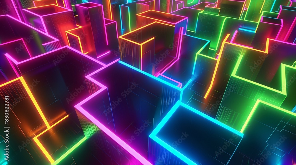 A labyrinth of neon pathways twists and turns, illuminated by pulsing ribbons of vibrant color, creating an otherworldly maze of light and shadow.