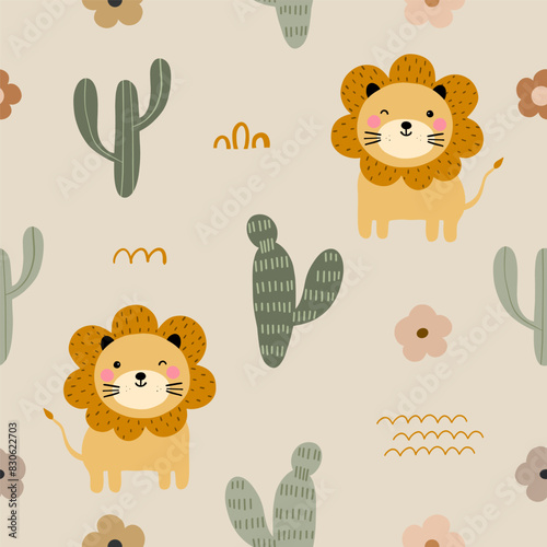 Seamless pattern with cute little lion, cactus and green leaves tropical for your fabric, children textile, nursery decoration, gift wrap paper, kids bedding, baby's shirt. Vector illustration