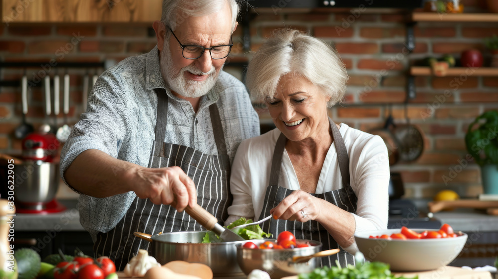 Senior Couple Cooking Together in a Modern Kitchen Senior Couple Cooking Together in a Modern Kitchen