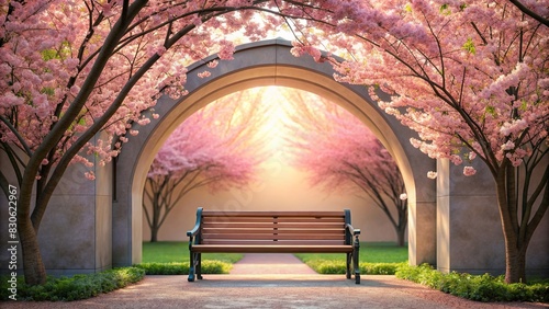 Minimalist bench under archway adorned with cherry blossoms in soft light