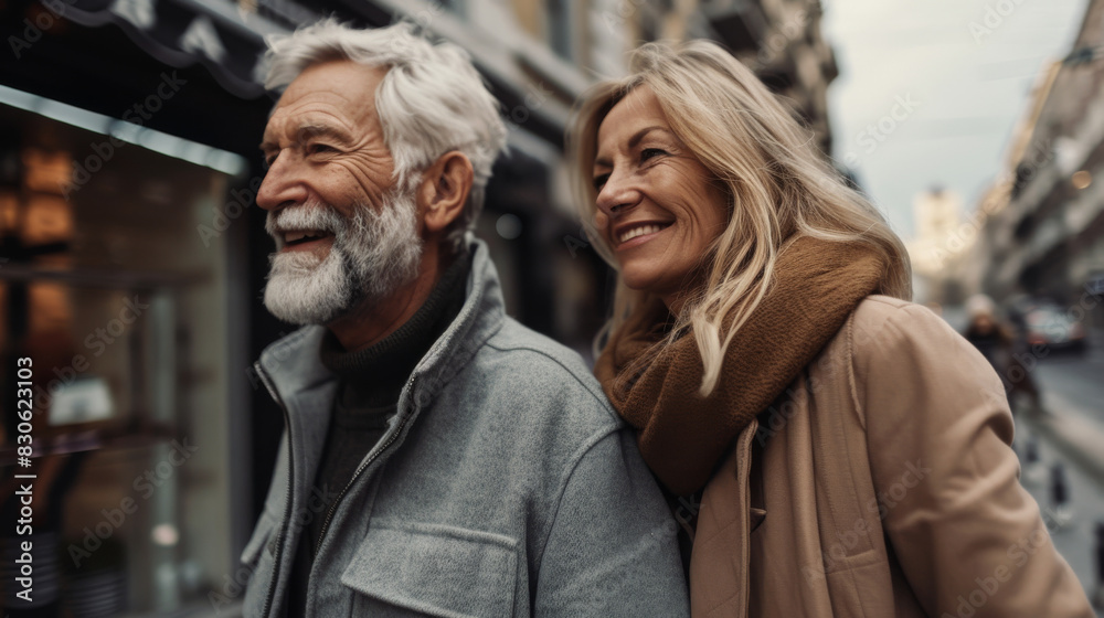 Senior Couple Enjoying a Leisurely Stroll in a City Street Senior Couple Enjoying a Leisurely Stroll in a City Street