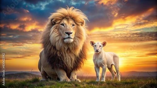 A majestic lion and a peaceful lamb standing together in harmony