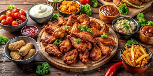 Chicken wings, barbecue and fried chicken restaurant food elements collection in format photo