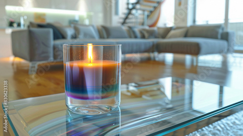 Modern glass candle with a colorful base on a glass bench  featuring a plush sectional sofa in the background of an airy room