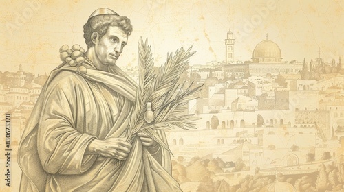 St. Stephen Holding Palm Branch and Stones in Ancient Jerusalem, Biblical Illustration, Beige Background, Copyspace