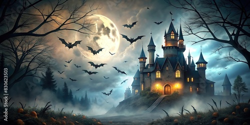 Spooky Halloween background featuring a haunted castle with bats flying around photo