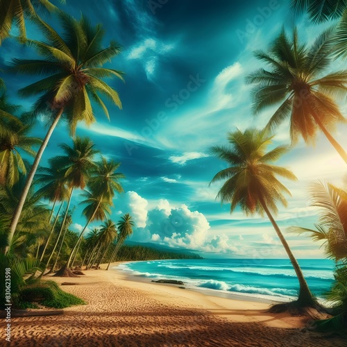 Beautiful beaches with blue skies  tropical summer scenery lined with palm trees  vacation spots where you want to leave 