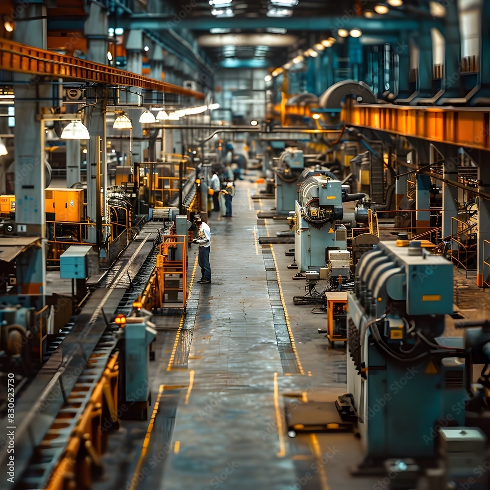 Bustling Industrial Factory with Automated Machinery and Hardworking Employees at Work