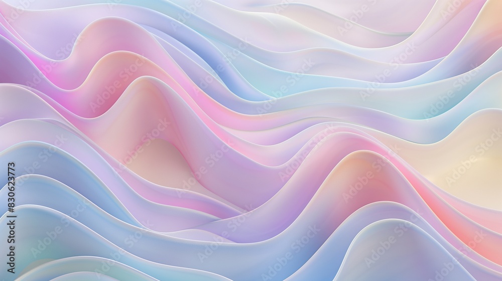 A mesmerizing 3D background with horizontal wavy textures in soft pastel colors, each wave curving gracefully to form a harmonious and soothing pattern,