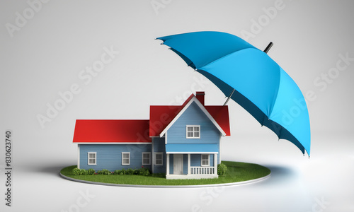 Umbrella Covering House Model, Symbolizing Real Estate Insurance, Concept of Property Safety, Secure Mortgage, Advertisement Template for Insurance Companies, Light Blue Background