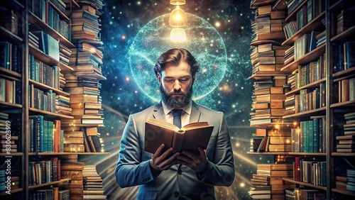 Artistic collage of a knowledge and science man surrounded by books photo