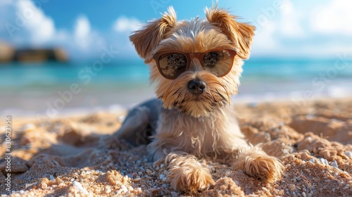 Yorkshire Terrier Puppy Sporting Sunglasses at a Tropical Beach Generative AI