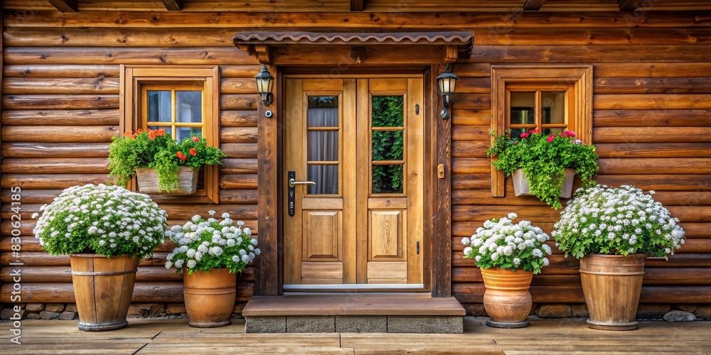 Front door of wooden house with white flowers in pots