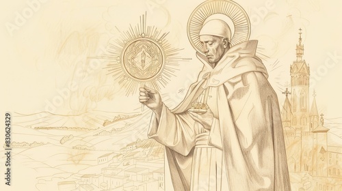 St. Norbert Holding Monstrance in Medieval Abbey, Biblical Illustration, Beige Background, Copyspace