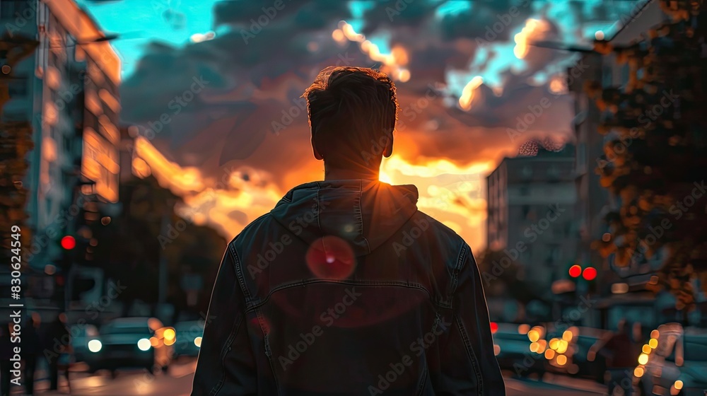 Urban Sunset Stroll - Casual Attire Against Cityscape and Skyline Urban Sunset Stroll - Casual Attire Against Cityscape and Skyline