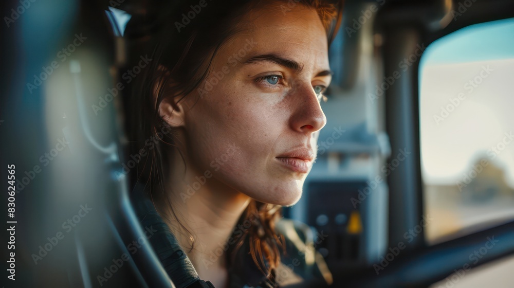 A close-up of a female truck driver's face seen through the window of her rig, with a look of concentration as she maneuvers through a tight turn. A close-up of a female truck driver's face seen through the window of her rig, with a look of concentration as she maneuvers through a tight turn.