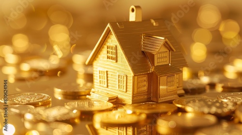 Gold Model House and Coins on Golden Background with Bright Studio Lighting, Luxurious Financial and Real Estate Concept in Unique and One-of-a-Kind Style