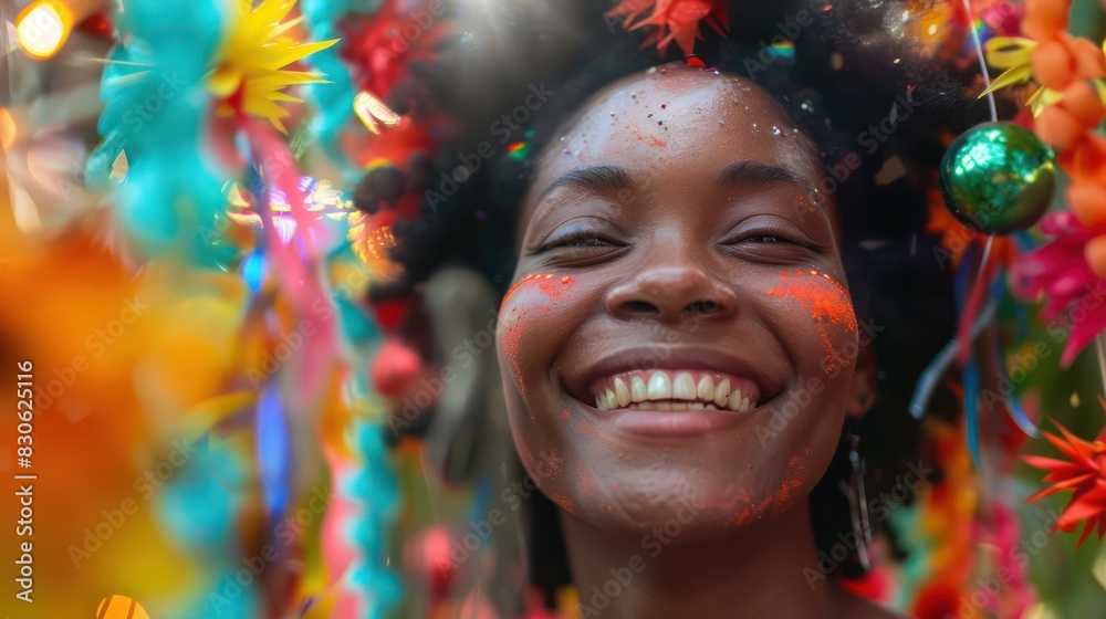 A close-up shot of a person's face with a smile of liberation and joy, surrounded by Juneteenth decorations.