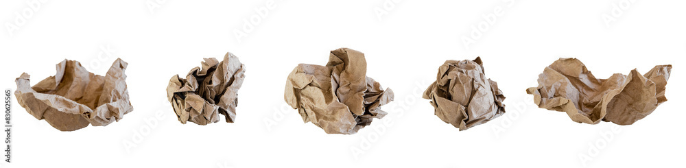Set of crumpled kraft paper on white isolated background
