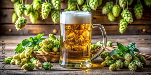 Cold fresh glass of beer surrounded by hops photo