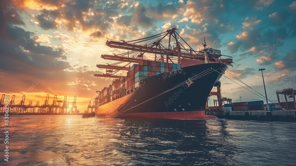 A dramatic photo of a container cargo freight ship entering port, with towering cranes ready to unload its valuable cargo onto land A dramatic photo of a container cargo freight ship entering port, with towering cranes ready to unload its valuable cargo onto land