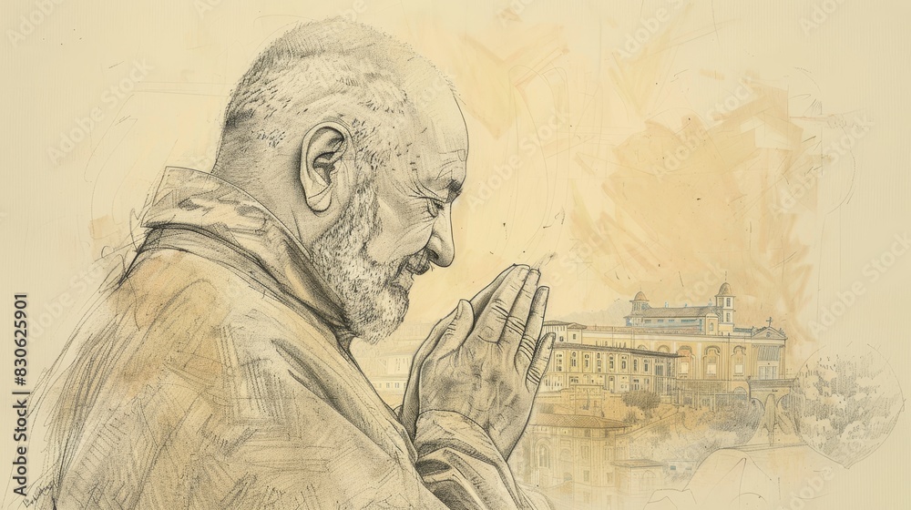Fototapeta premium St. Pio of Pietrelcina in Prayer in 20th-Century Italian Monastery, Biblical Illustration, Beige Background, Copyspace