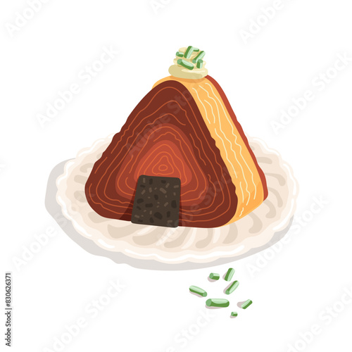 On a beige plate lies a Cronigiri or onigiri croissant. Vector illustration