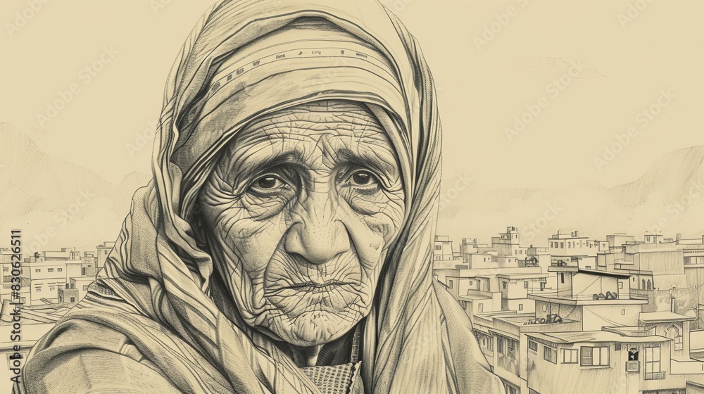 Fototapeta premium St. Teresa of Calcutta Serving Poor in Streets of Calcutta, Biblical Illustration, Beige Background, Copyspace