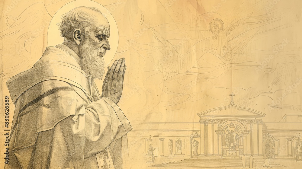 Fototapeta premium St. Leo the Great in Prayer in 5th-Century Church, Biblical Illustration, Beige Background, Copyspace