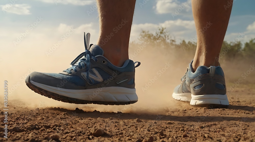 Naklejka premium erson is shown tying the laces of a blue and yellow running shoe while