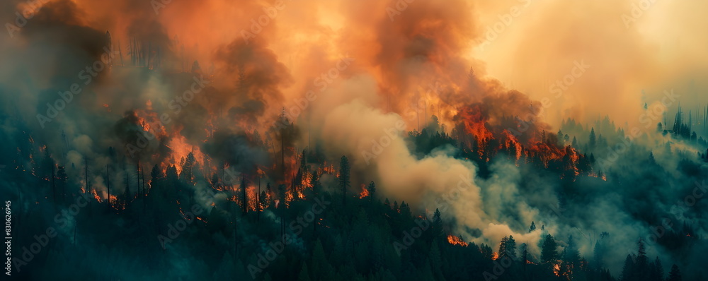 Burning forest. Plumes of smoke and flames erupt from the forested mountain range. Top view of a forest fire. Ecological catastrophy.