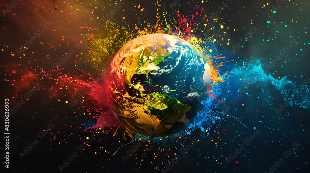Earth day Globe sphere earth in colorful splash on a black background ai generative Earth day Globe sphere earth in colorful splash on a black background ai generative