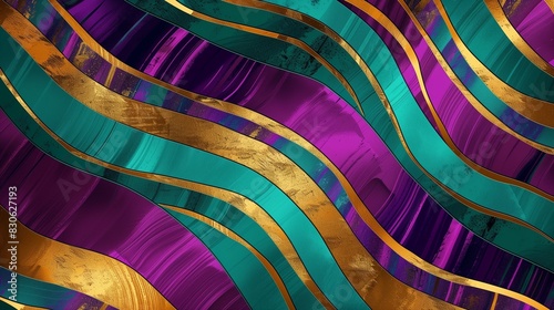 A striking wallpaper with bold, multicolored stripes in a freeform, shapeless arrangement, showcasing vivid hues of purple, teal, and gold, creating a lively and captivating design, photo