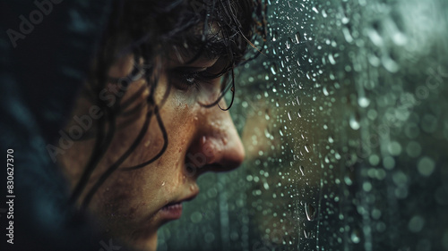 .A photograph of a person wrapped in a cozy blanket, gazing out of a window on a rainy day,.