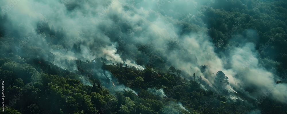 Burning forest. Plumes of smoke erupt from a forested mountain range. Top view of a starting forest fire. Disaster.