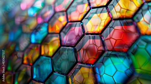 A stunning close-up of a colorful hexagonal mosaic  with each tile reflecting different shades and gradients  resulting in a beautiful abstract background 
