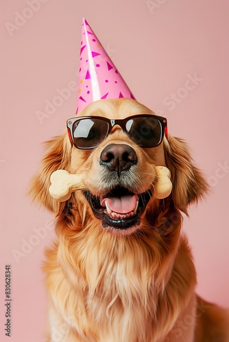 Playful image of a golden retriever with a party hat and sunglasses holding a bone with pink background.