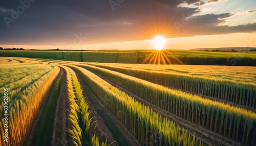 The setting sun casts a golden hue over the undulating wheat fields, symbolizing abundance and growth.. AI Generation photo