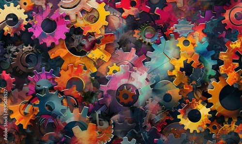 Abstract background with a complex network of colorful cogs and gears.