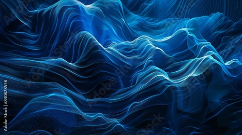 Minimalist Abstract Water Landscape with Blue Ripples in Quantum Wave Tracing Style, Dynamic Chiaroscuro on Textured Canvas, UHD Image with Realistic Hyper-Detail and Undulating Lines