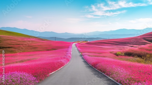 A winding road passing through vibrant pink flower fields under a soft glowing sky creating a dreamlike landscape.