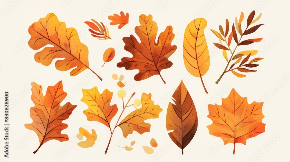 A charming illustration of autumn oak leaves drawn in a simple cartoon flat style stands out against a crisp white background