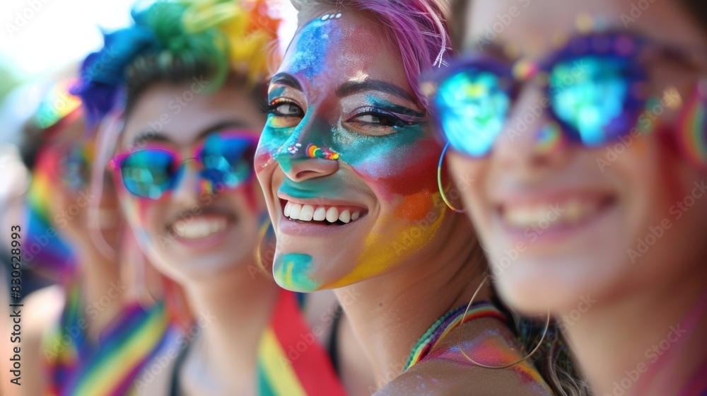 Participants at a Pride parade proudly displaying rainbow face paint, symbolizing diversity and inclusion. celebration and solidarity within the LGBTQ+ community Participants at a Pride parade proudly displaying rainbow face paint, symbolizing diversity and inclusion. celebration and solidarity within the LGBTQ+ community