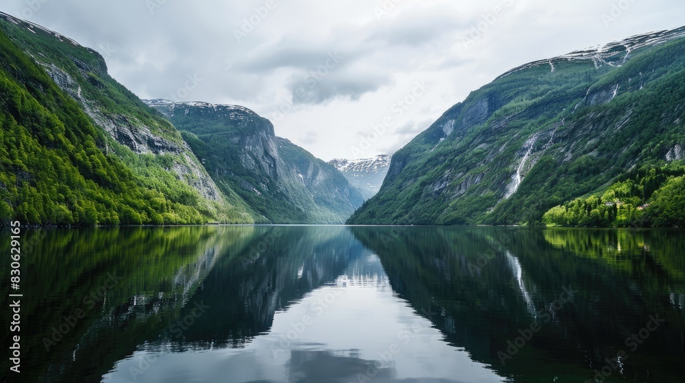 Serene Mountain Lake Reflecting Verdant Trees & Majestic Peaks Serene Mountain Lake Reflecting Verdant Trees & Majestic Peaks