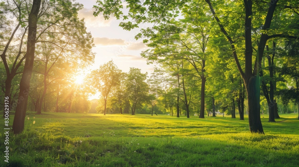 Vibrant Sunlit Park Scene with Towering Trees and Lush Greenery Vibrant Sunlit Park Scene with Towering Trees and Lush Greenery